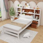 Twin Bed Frame with White Walnut Bookcase Storage Headboard and 2 Nightstands
