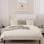 Queen size White Velvet Upholstered Platform Bed Frame with Wingback Headboard