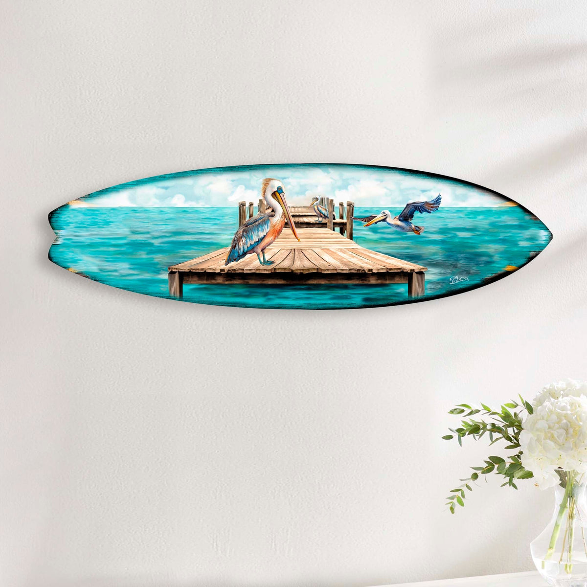 Pelican on the Pier Surfboard Coastal Wall Art
