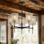 5 Light Chandelier, Textured Glass Pendant Light, (Not Including The Bulb) - Black / Gold