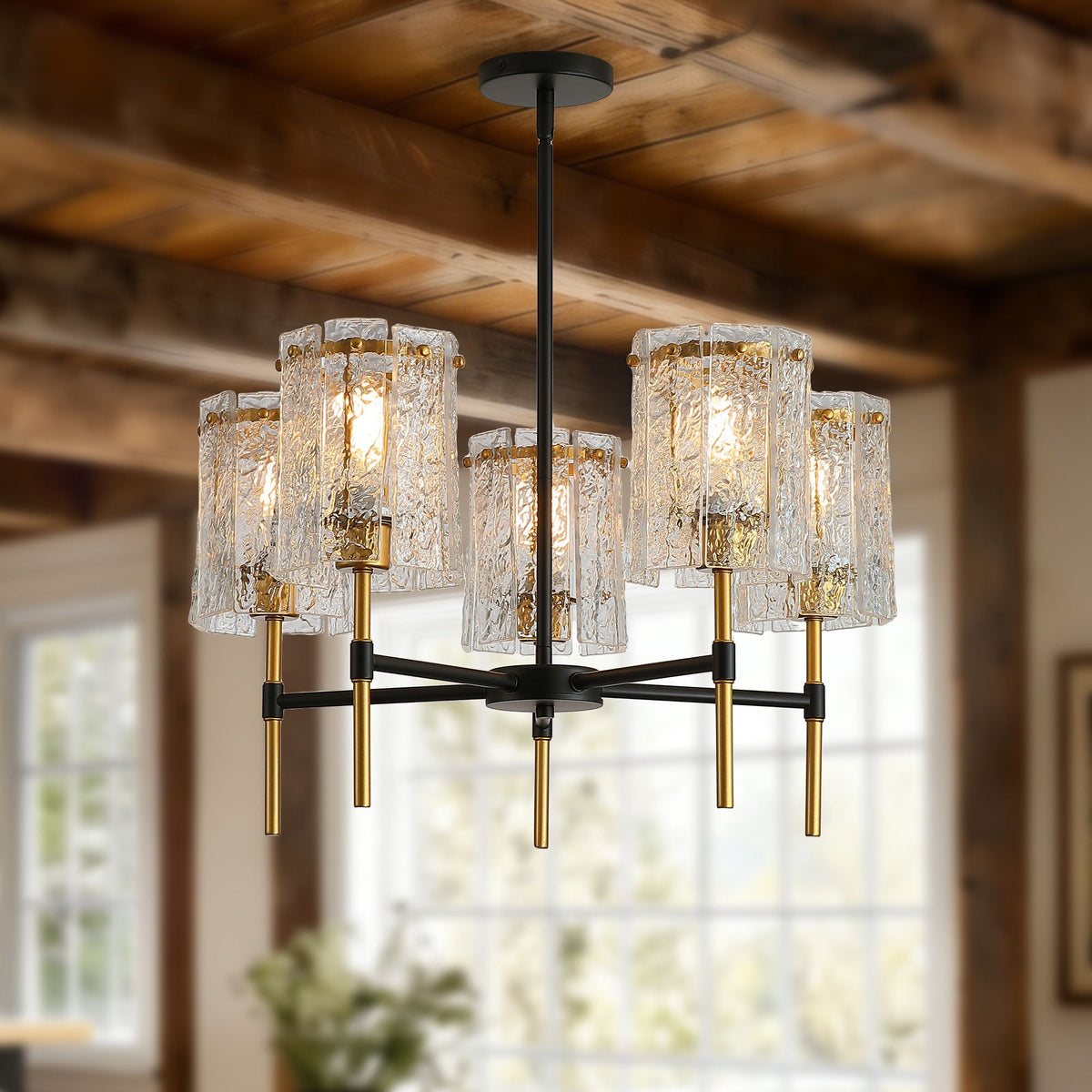 5 Light Chandelier, Textured Glass Pendant Light, (Not Including The Bulb) - Black / Gold