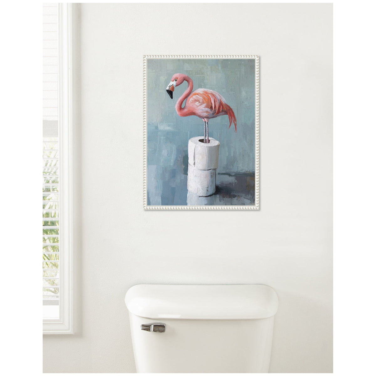 Sylvie Flamingo Standing with Toilet Paper Rolls Bathroom Art Framed Canvas