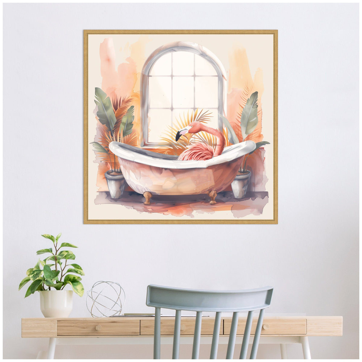 Sylvie Flamingo Bath Pastel Tropical Bathroom Watercolor Framed Canvas