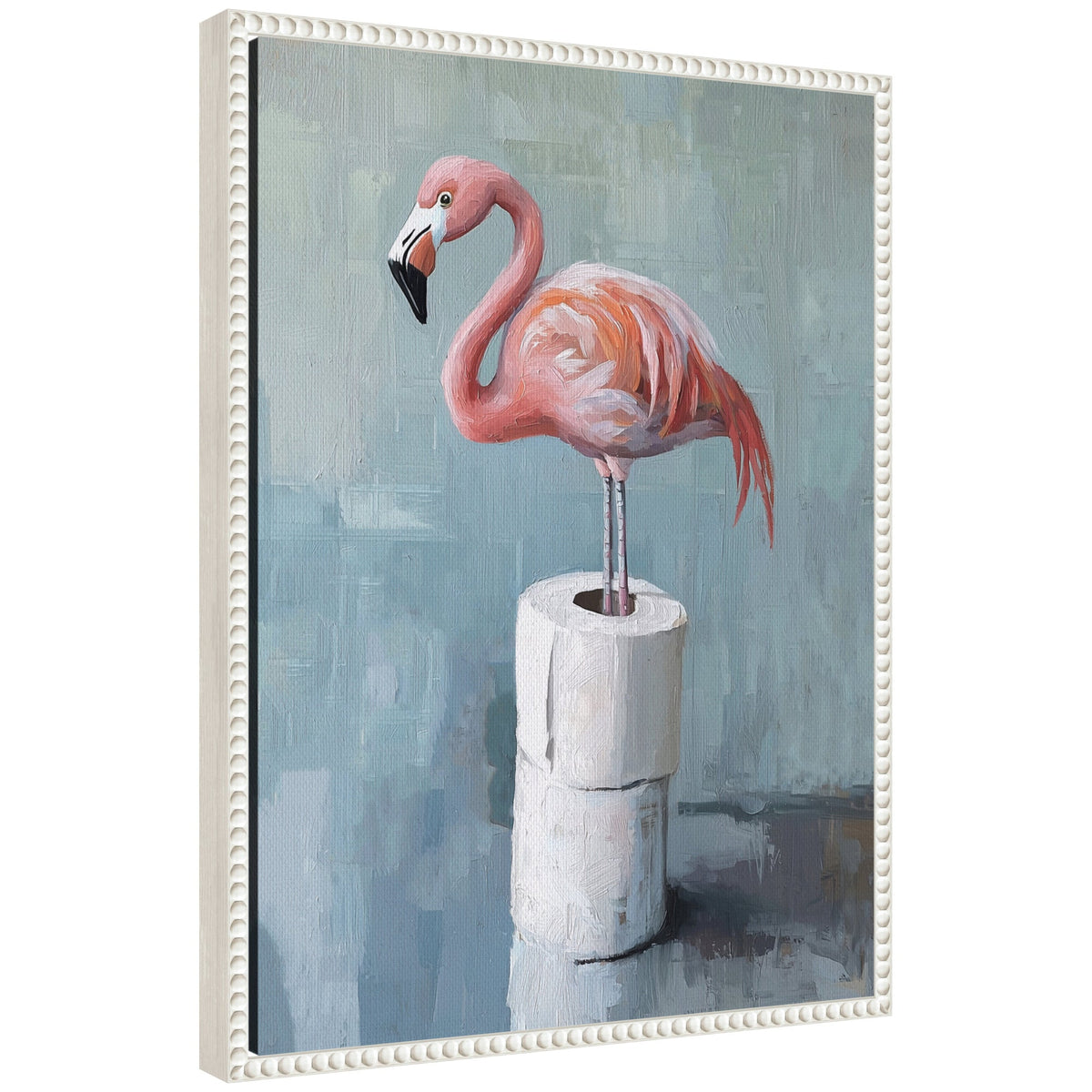 Sylvie Flamingo Standing with Toilet Paper Rolls Bathroom Art Framed Canvas