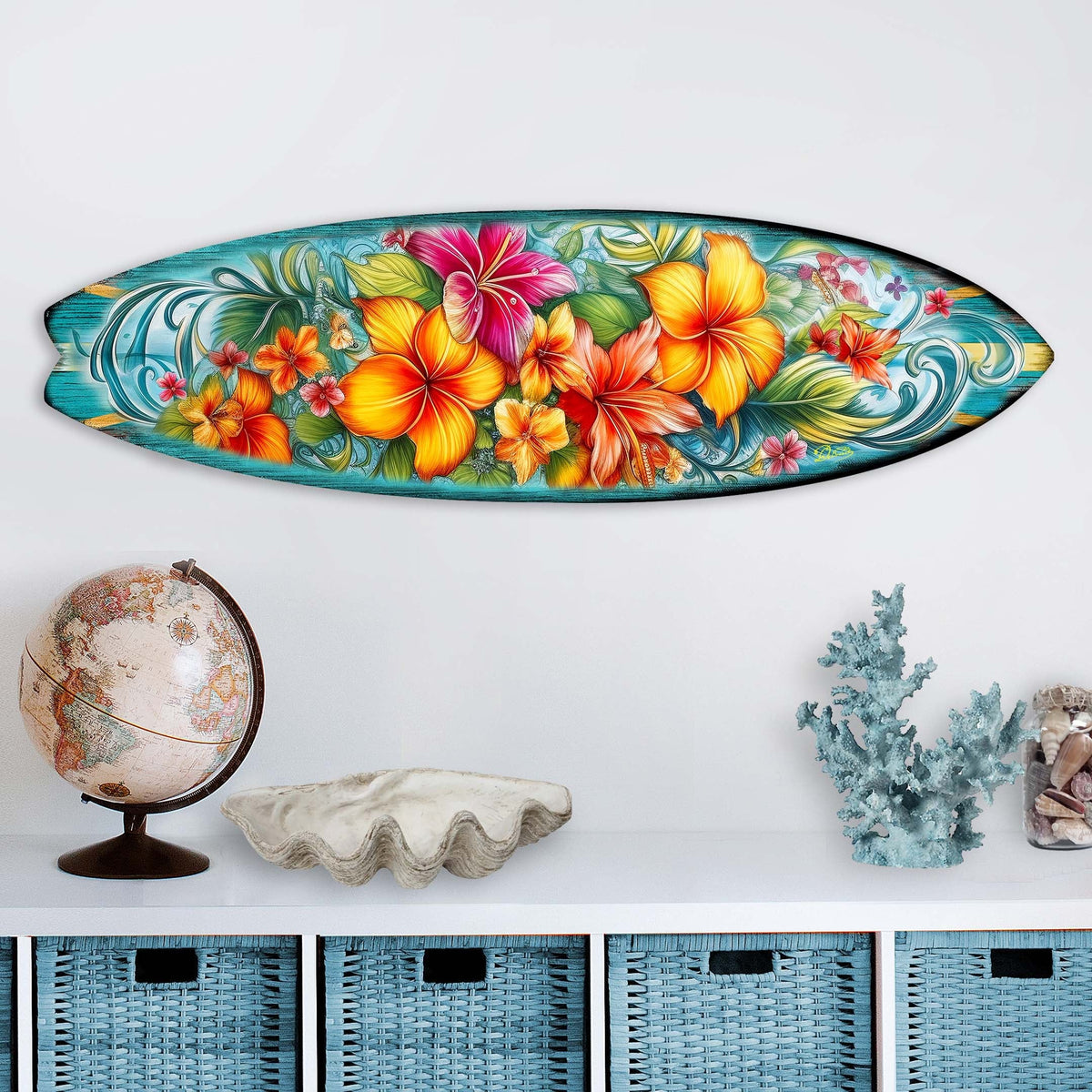 Hawaiian Flowers Surfboard Coastal Wall Art