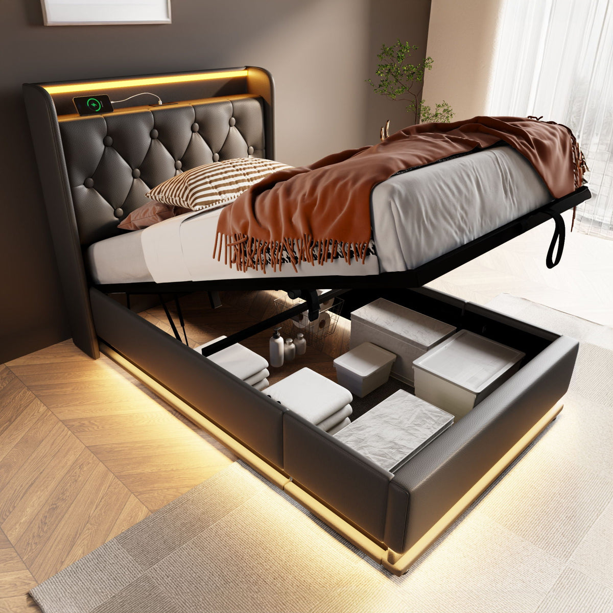Upholstered Bed, Hydraulic Storage Bed (Without Mattress)
