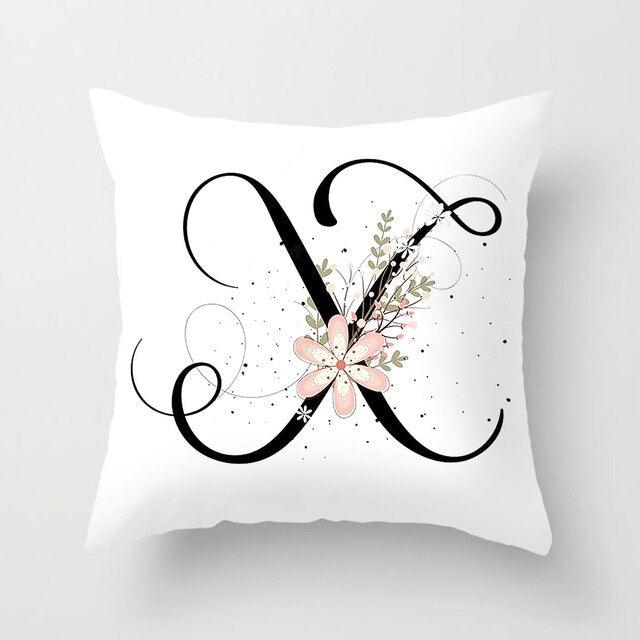 Black Alphabet Flower Print Pillow Cover