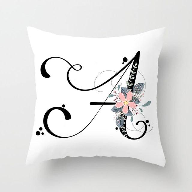 Black Alphabet Flower Print Pillow Cover