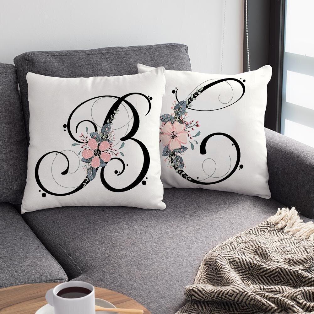 Black Alphabet Flower Print Pillow Cover