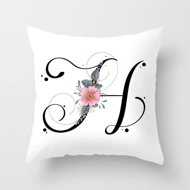 Black Alphabet Flower Print Pillow Cover