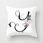 Black Alphabet Flower Print Pillow Cover