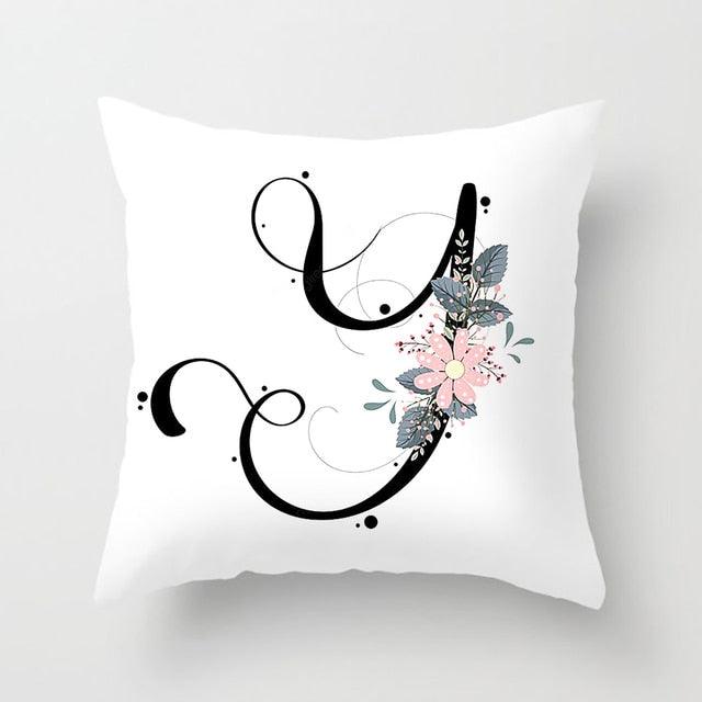 Black Alphabet Flower Print Pillow Cover