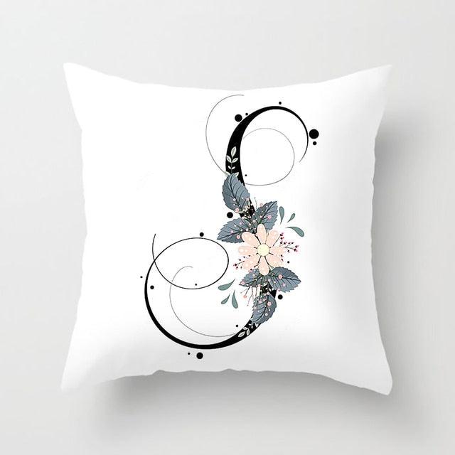 Black Alphabet Flower Print Pillow Cover
