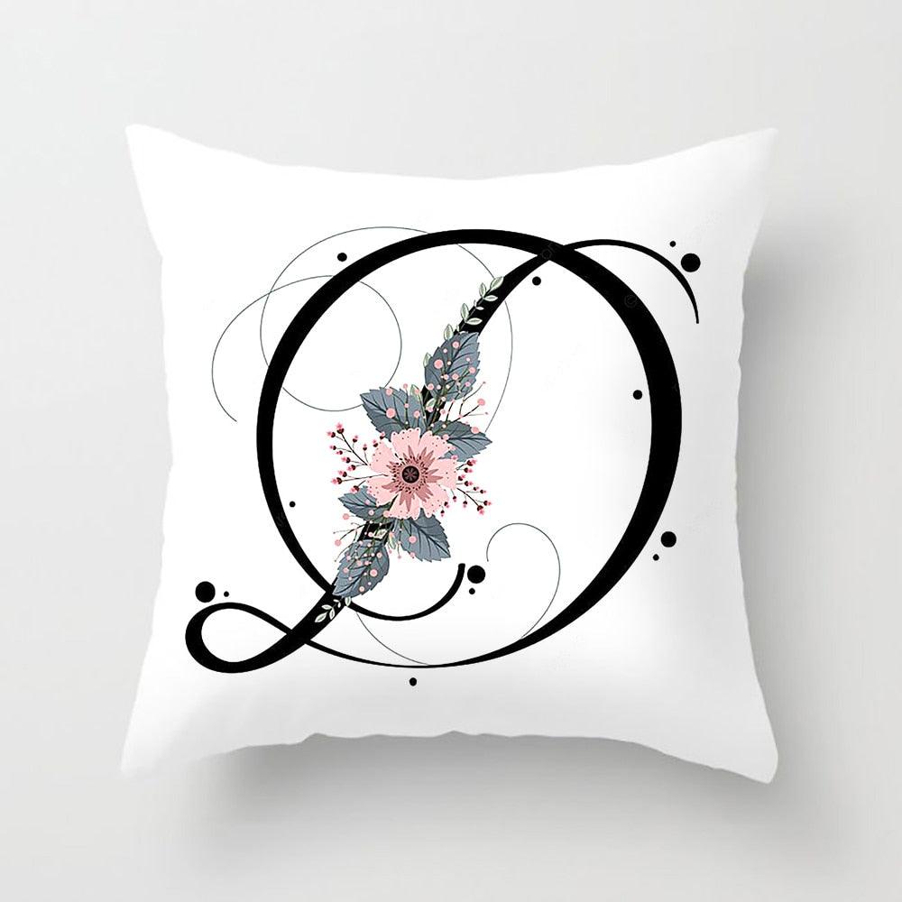 Black Alphabet Flower Print Pillow Cover