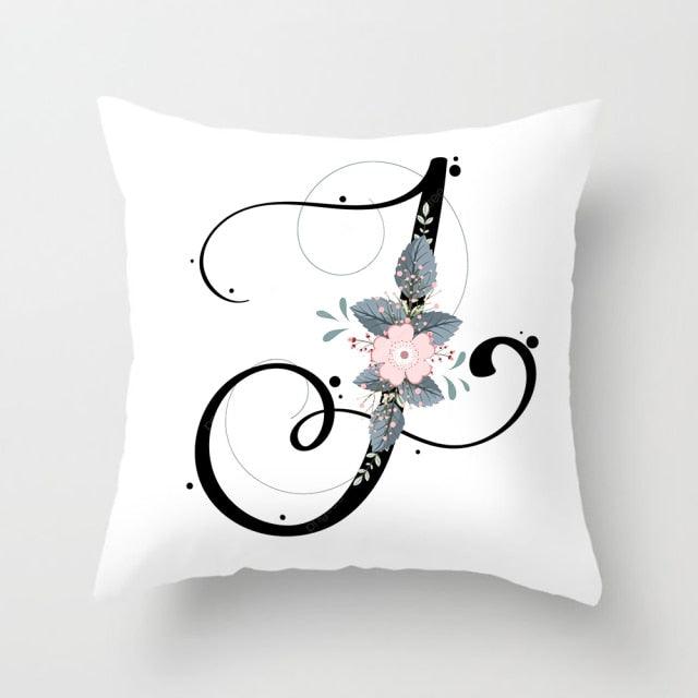 Black Alphabet Flower Print Pillow Cover