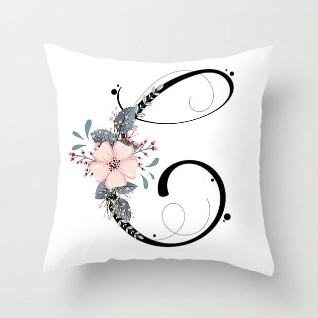 Black Alphabet Flower Print Pillow Cover