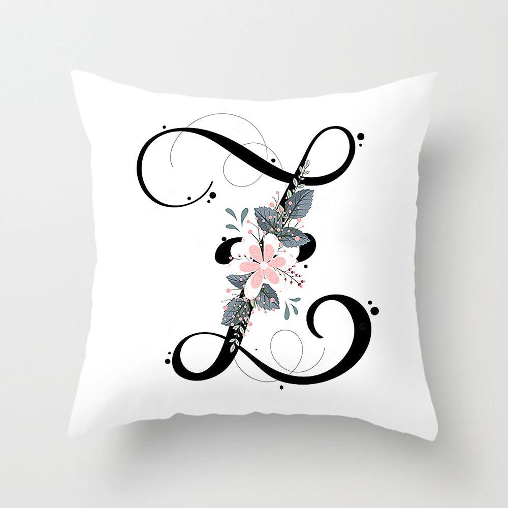 Black Alphabet Flower Print Pillow Cover