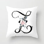 Black Alphabet Flower Print Pillow Cover
