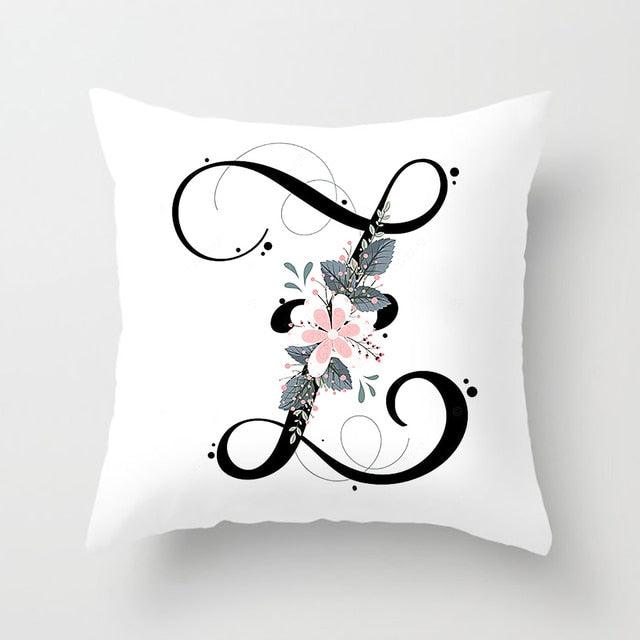 Black Alphabet Flower Print Pillow Cover