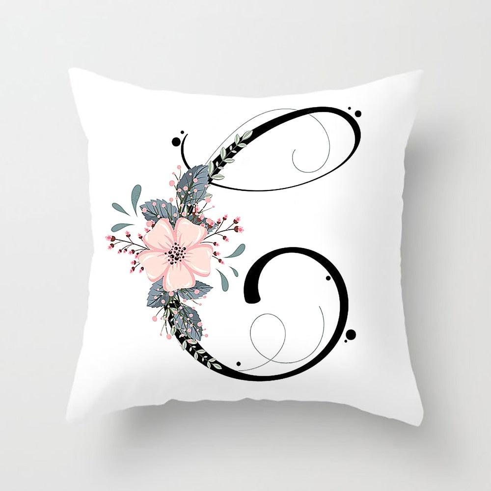 Black Alphabet Flower Print Pillow Cover