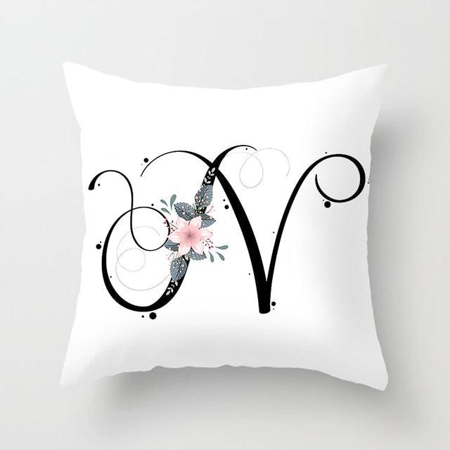Black Alphabet Flower Print Pillow Cover
