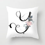 Black Alphabet Flower Print Pillow Cover