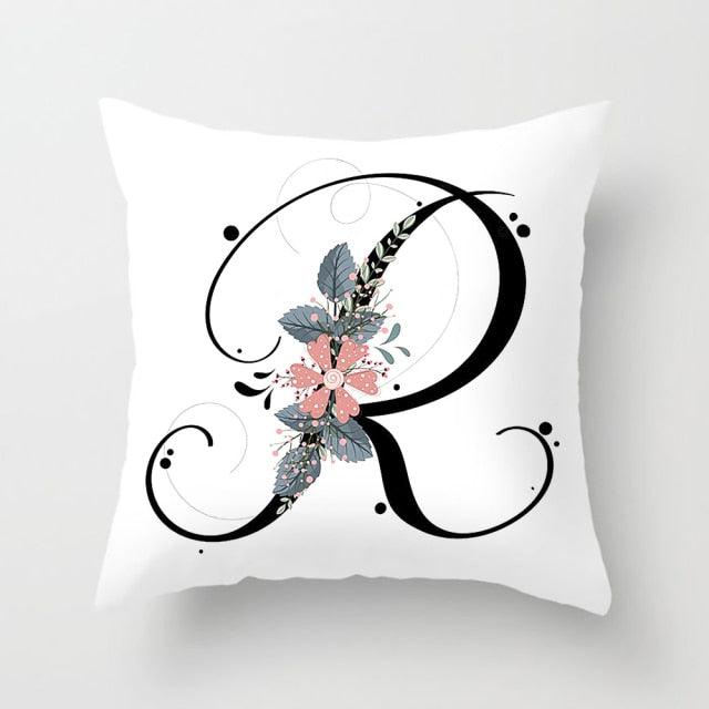 Black Alphabet Flower Print Pillow Cover