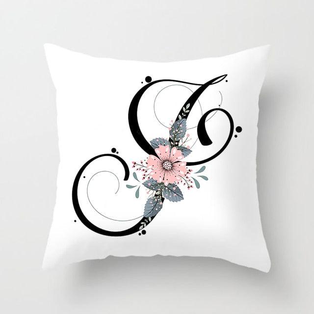 Black Alphabet Flower Print Pillow Cover
