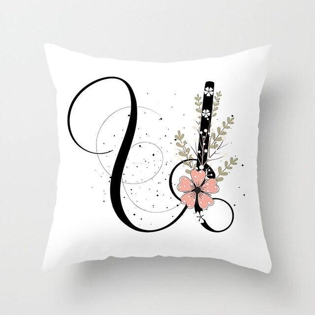 Black Alphabet Flower Print Pillow Cover