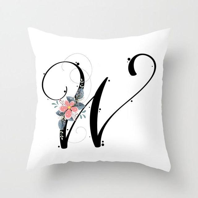 Black Alphabet Flower Print Pillow Cover