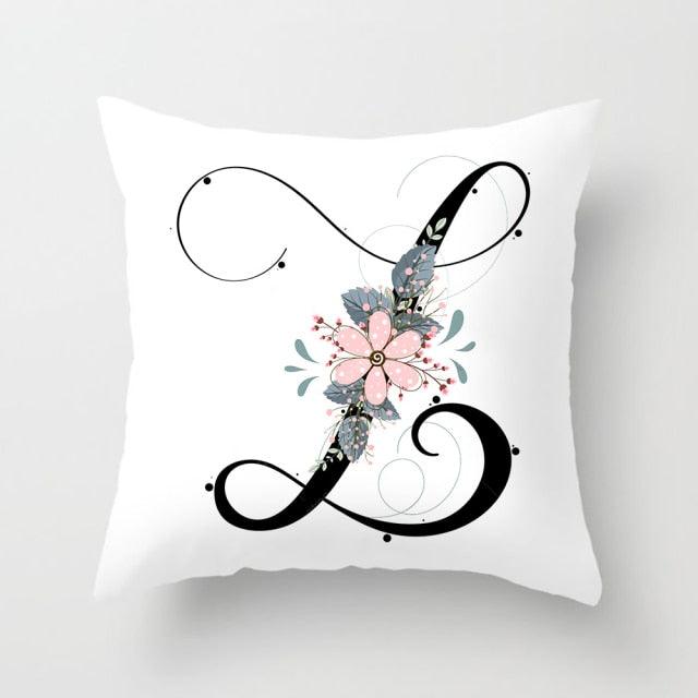 Black Alphabet Flower Print Pillow Cover