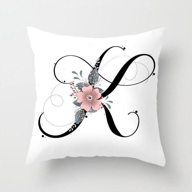 Black Alphabet Flower Print Pillow Cover