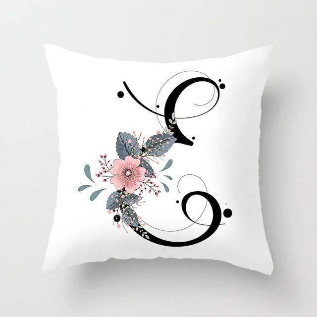 Black Alphabet Flower Print Pillow Cover