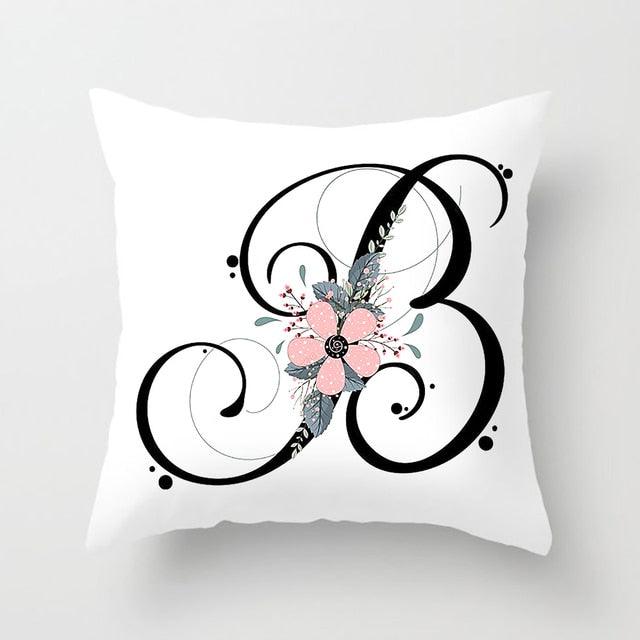 Black Alphabet Flower Print Pillow Cover