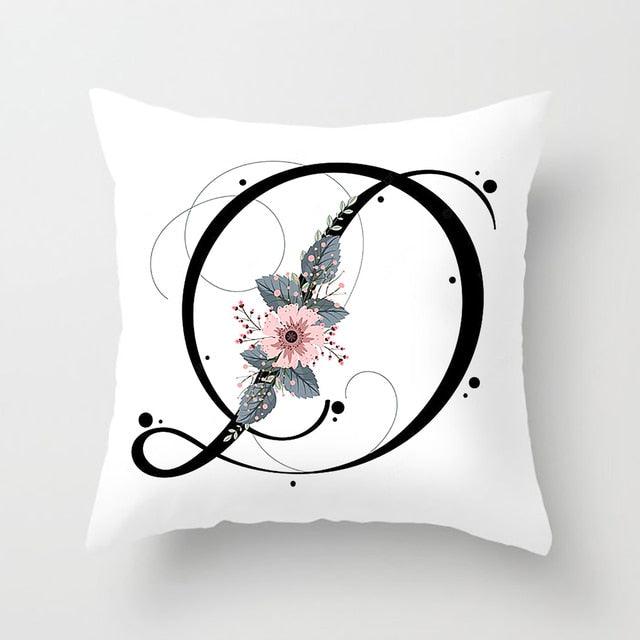 Black Alphabet Flower Print Pillow Cover
