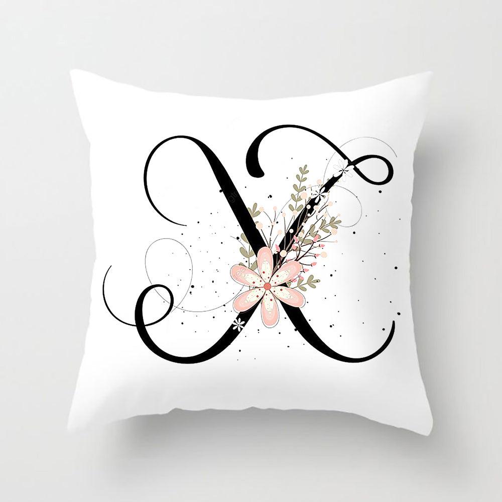 Black Alphabet Flower Print Pillow Cover