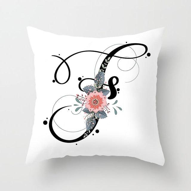 Black Alphabet Flower Print Pillow Cover