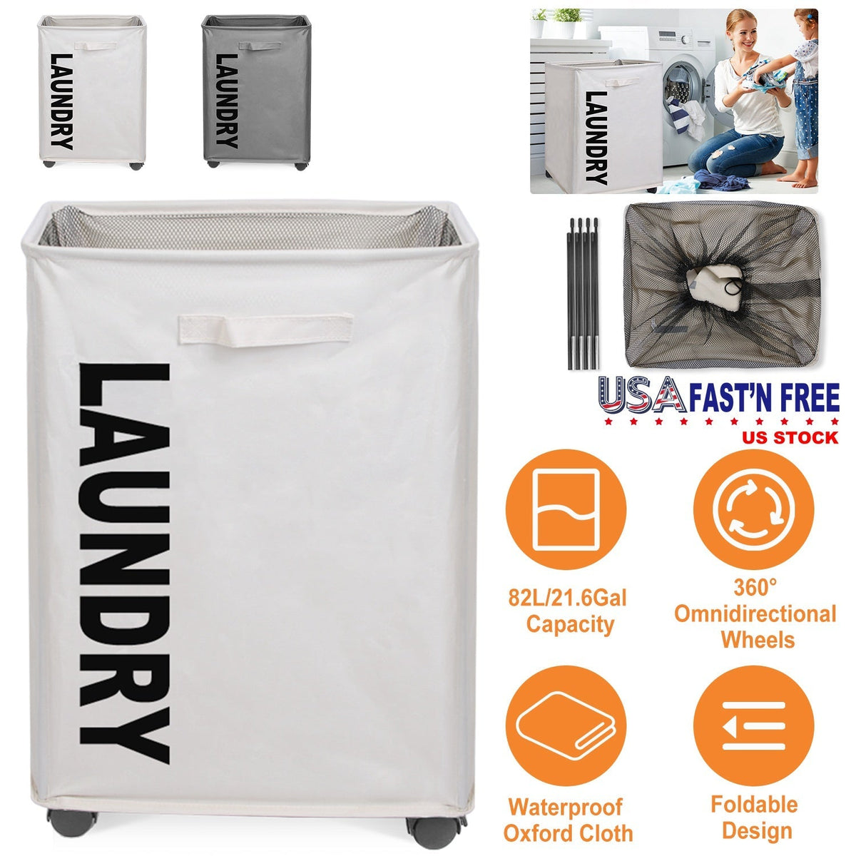 82L/21.6Gal Large Rolling Laundry Hamper Collapsible Tall Laundry Basket with Wheels