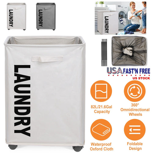 82L/21.6Gal Large Rolling Laundry Hamper Collapsible Tall Laundry Basket with Wheels