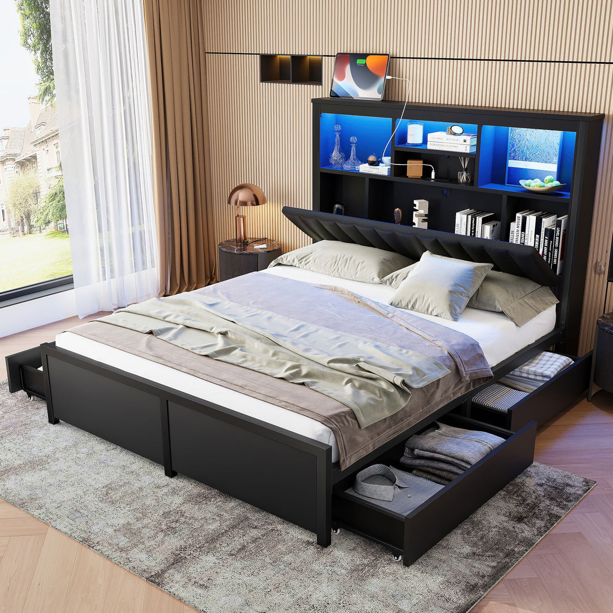 Bed Frame With High Storage Headboard