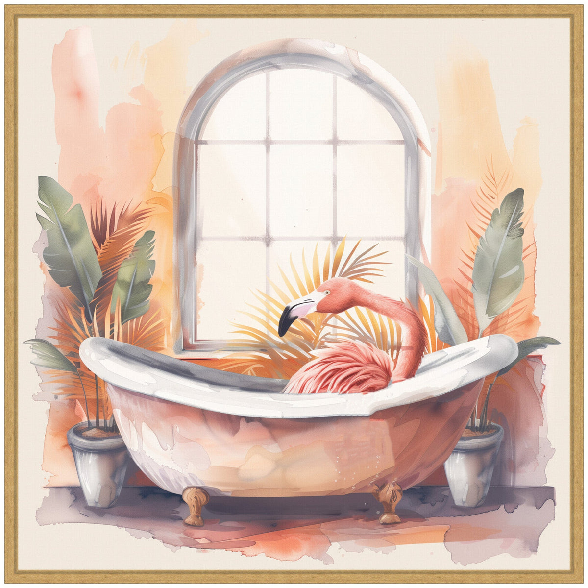 Sylvie Flamingo Bath Pastel Tropical Bathroom Watercolor Framed Canvas