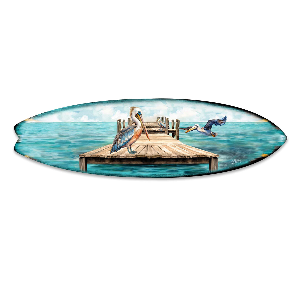 Pelican on the Pier Surfboard Coastal Wall Art
