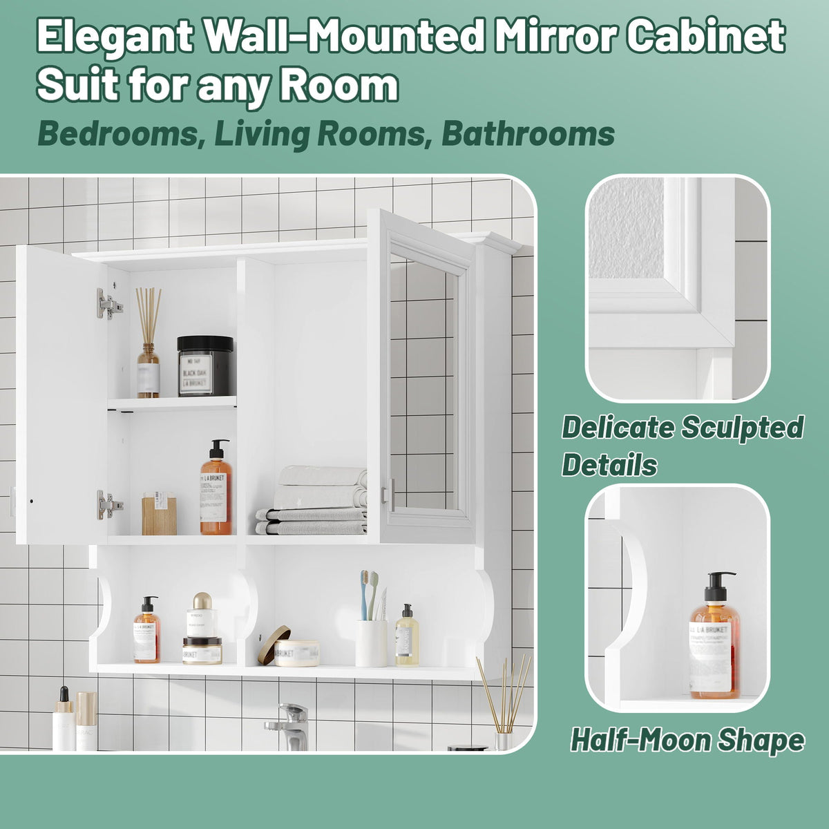 Wall Mounted Mirror Medicine Cabinet, Bathroom Storage With Doors And Open Shelves