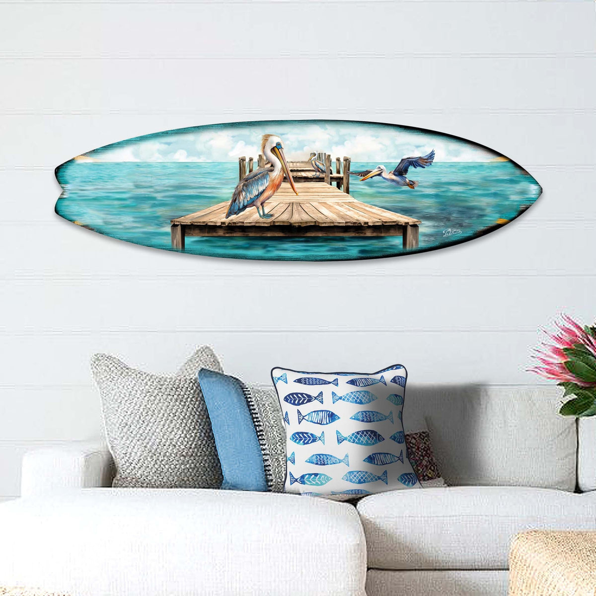 Pelican on the Pier Surfboard Coastal Wall Art