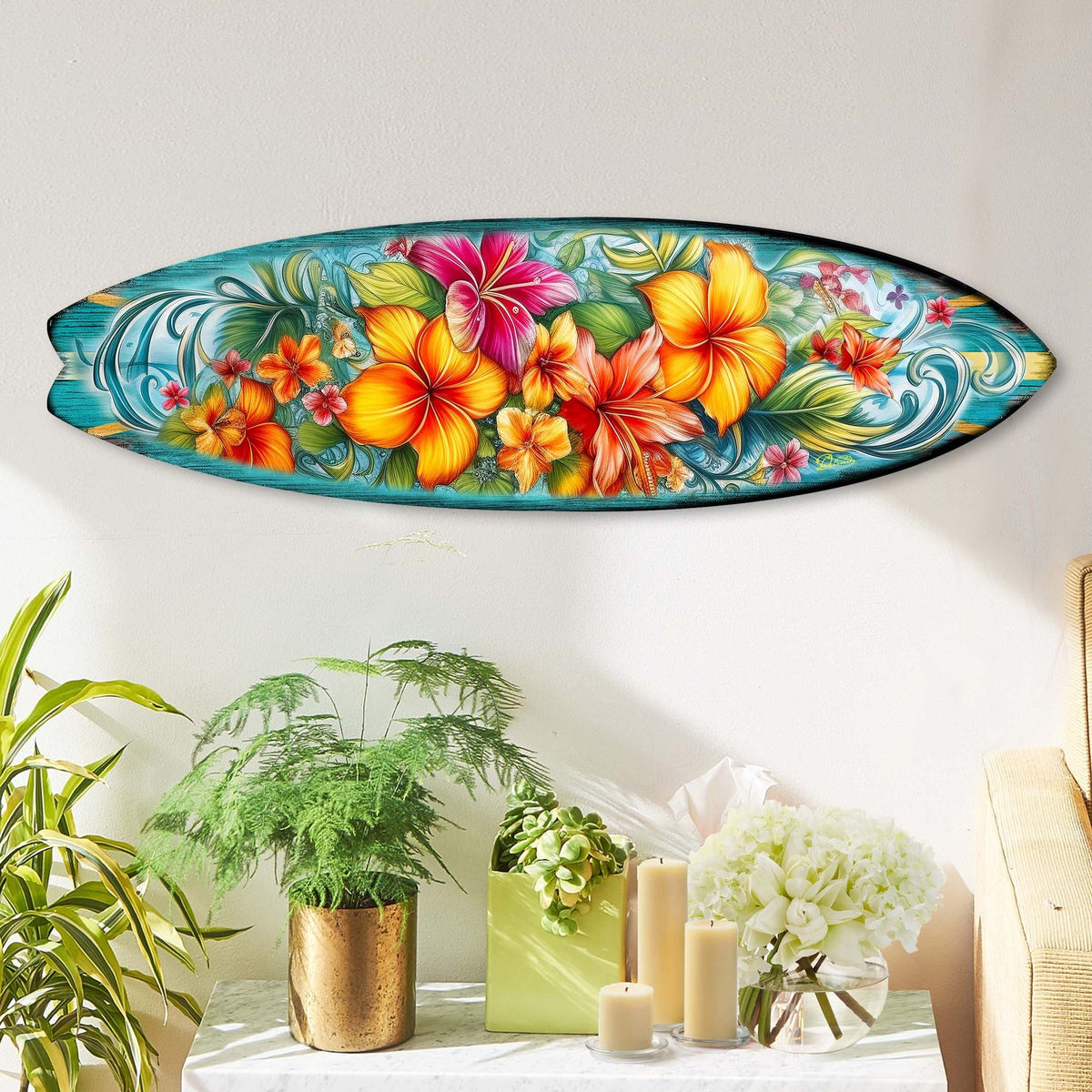 Hawaiian Flowers Surfboard Coastal Wall Art