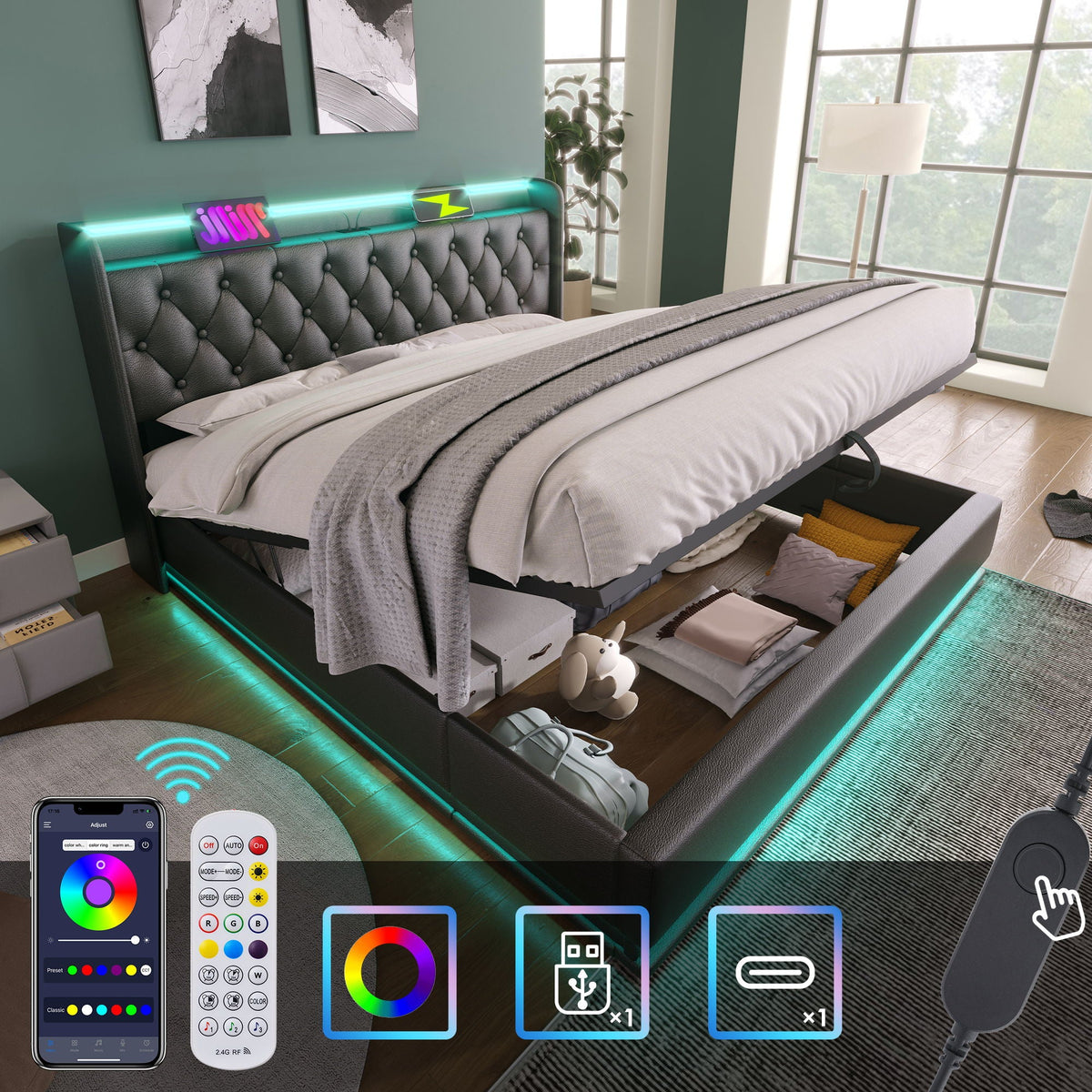 Upholstered Bed, Hydraulic Storage Bed (Without Mattress)