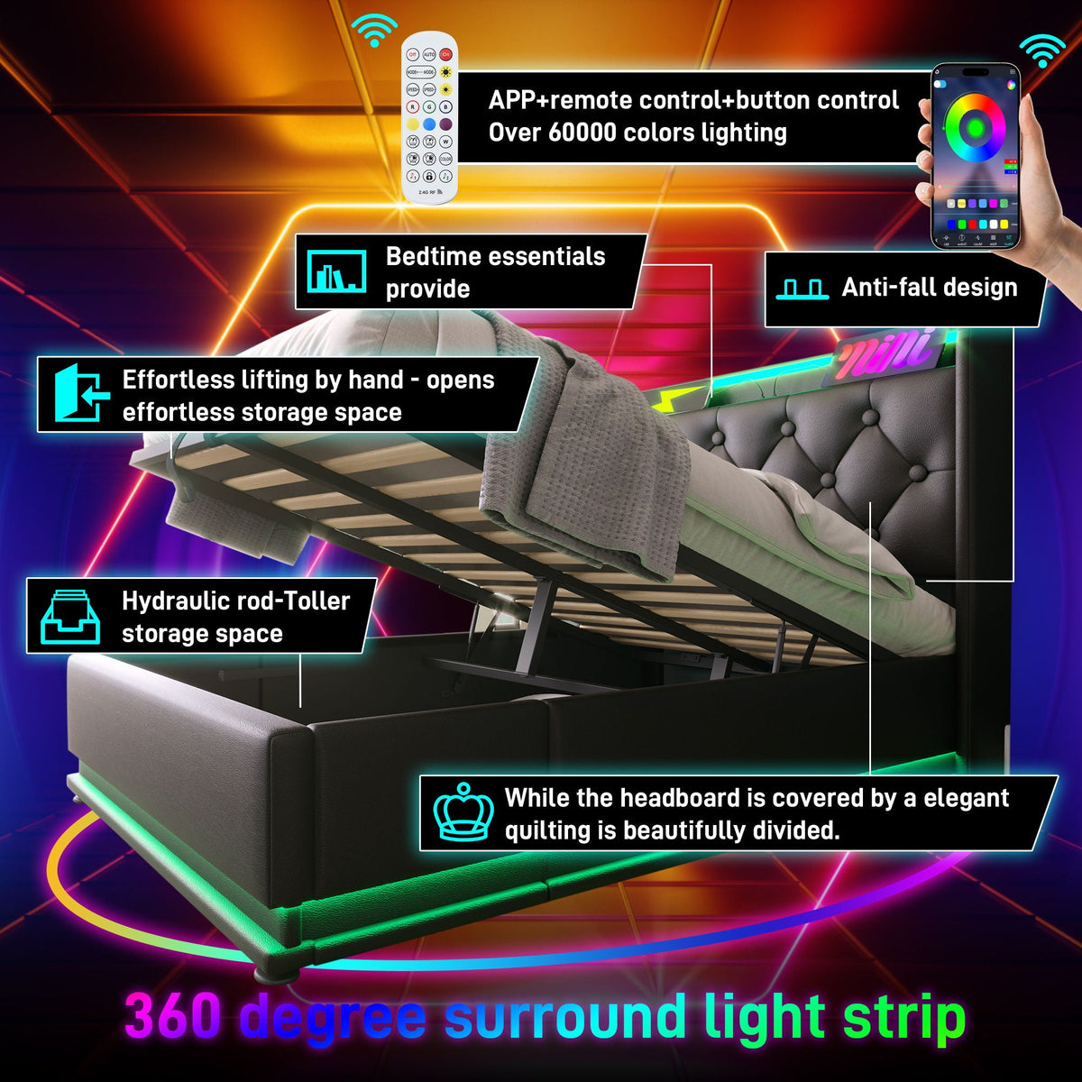 Upholstered Bed, Hydraulic Storage Bed (Without Mattress)