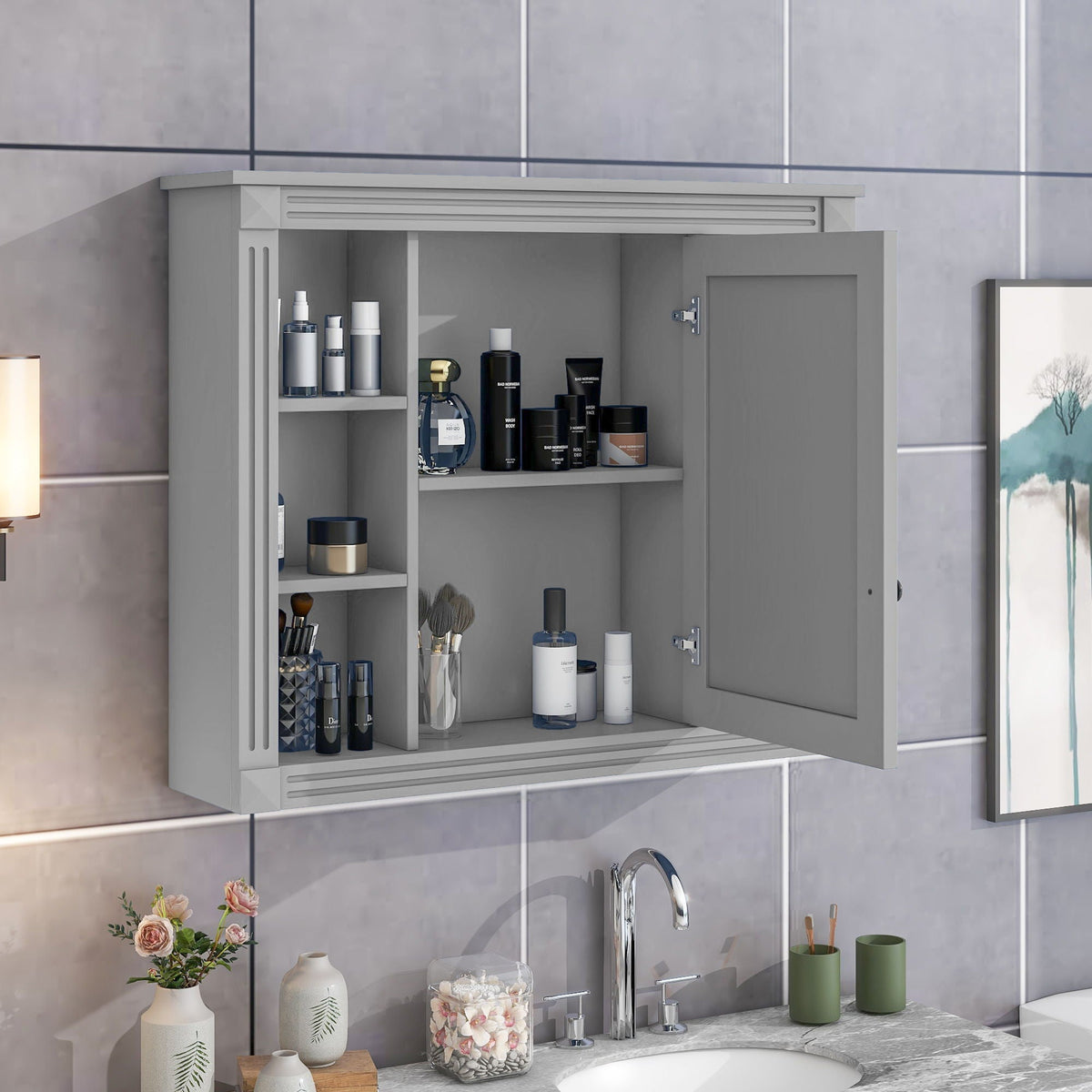 Wall Mounted Bathroom Storage Cabinet With Mirror, Cabinet With 6 Open Shelves