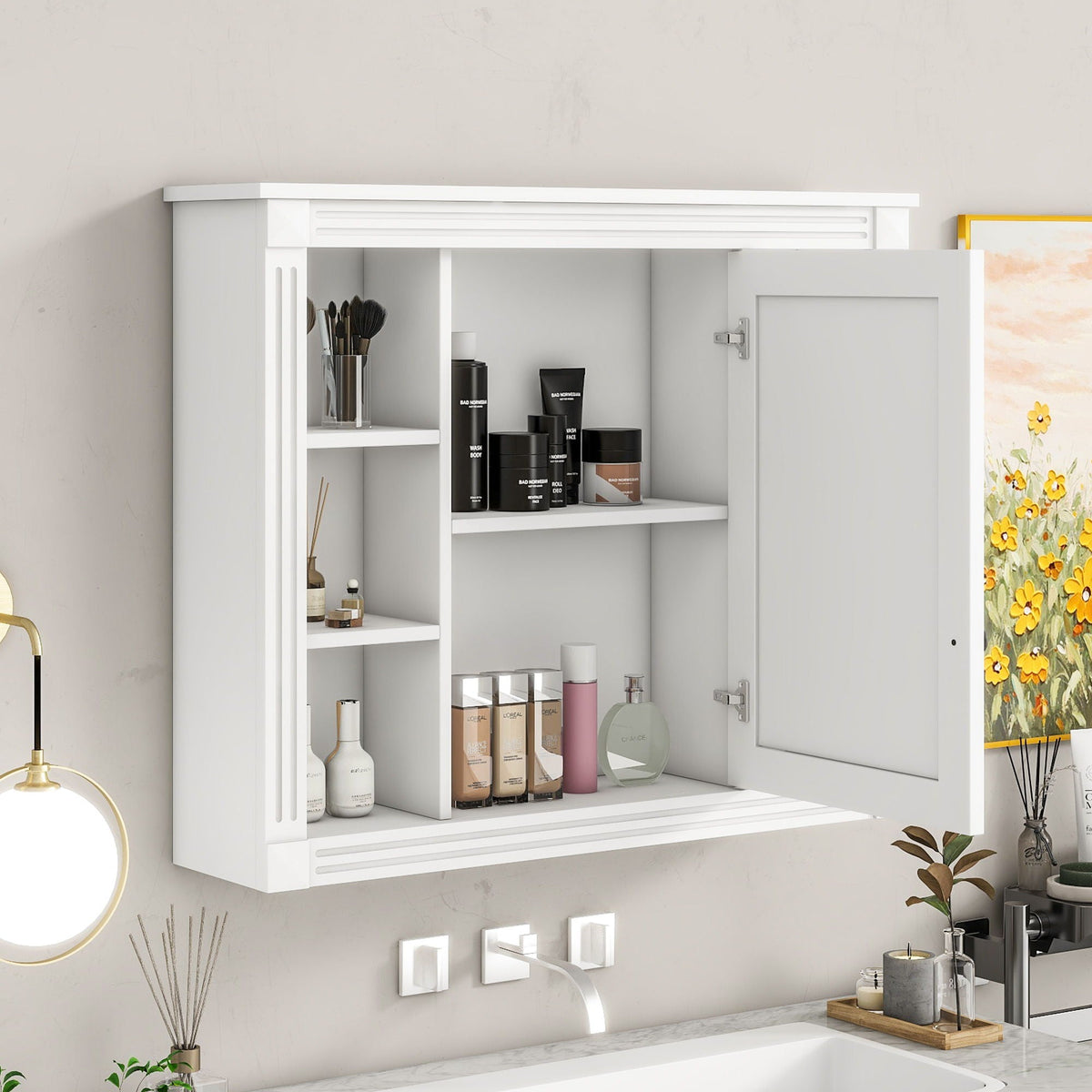 Wall Mounted Bathroom Storage Cabinet With Mirror, Cabinet With 6 Open Shelves