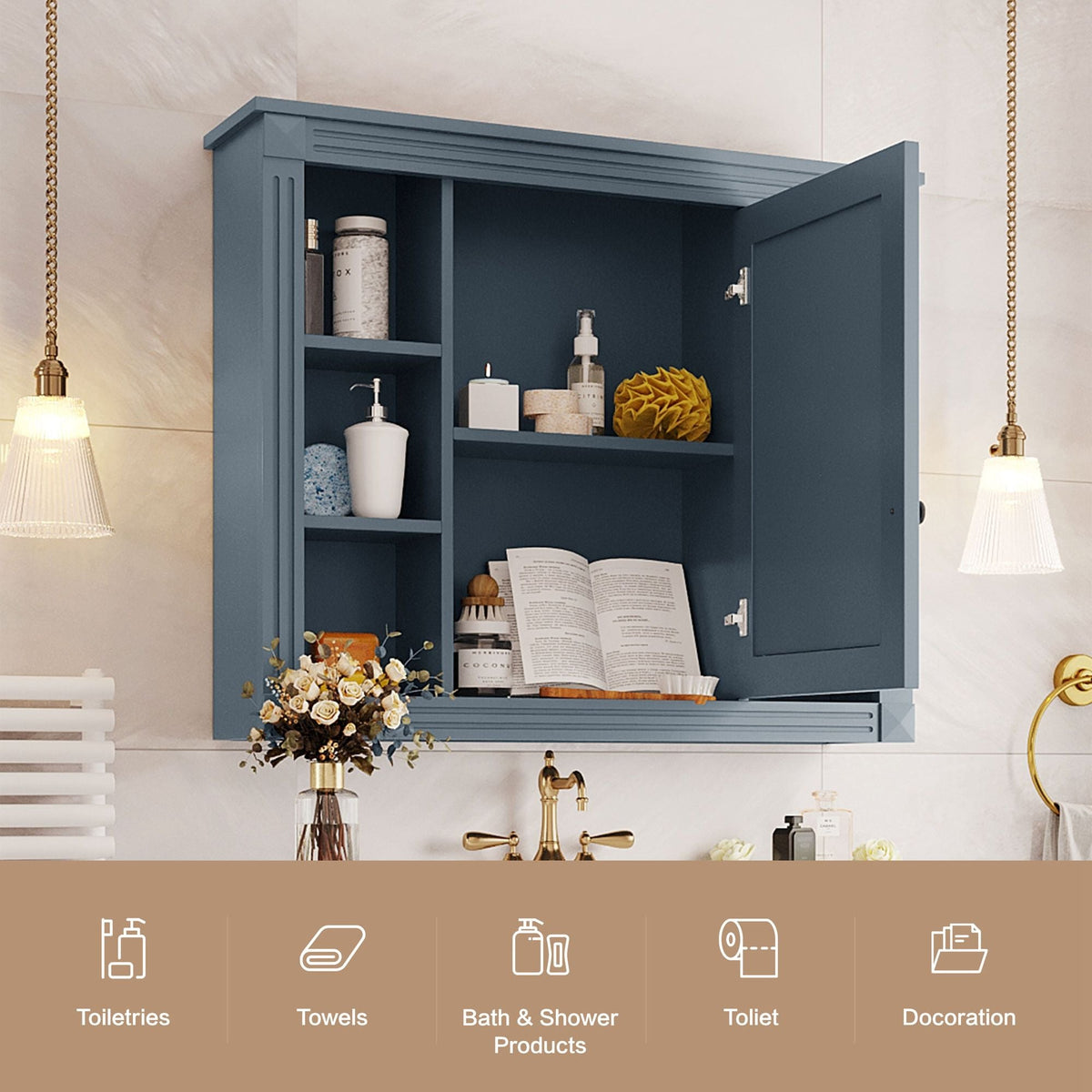 Wall Mounted Bathroom Storage Cabinet With Mirror, Cabinet With 6 Open Shelves
